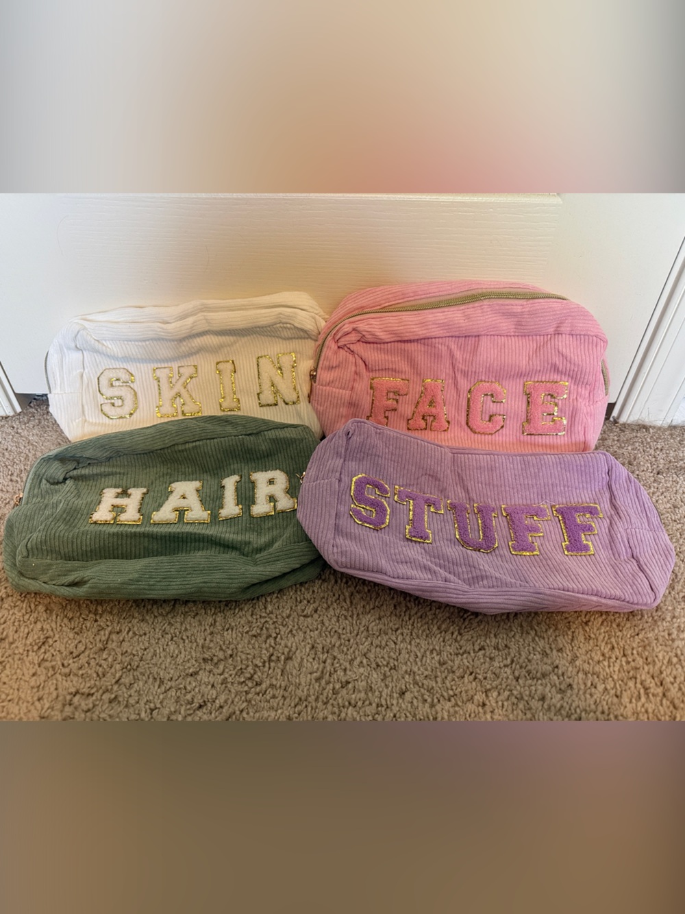 Corduroy Cosmetic Pouches Set - White, Green, Pink, Lavender